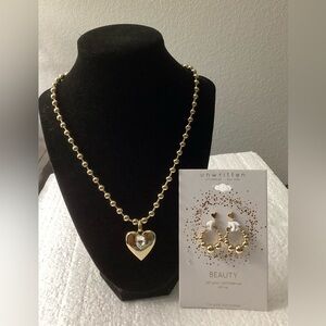 Aqua Gold Heart Pendant Necklace with Unwritten Beaded Hoop Earrings Set